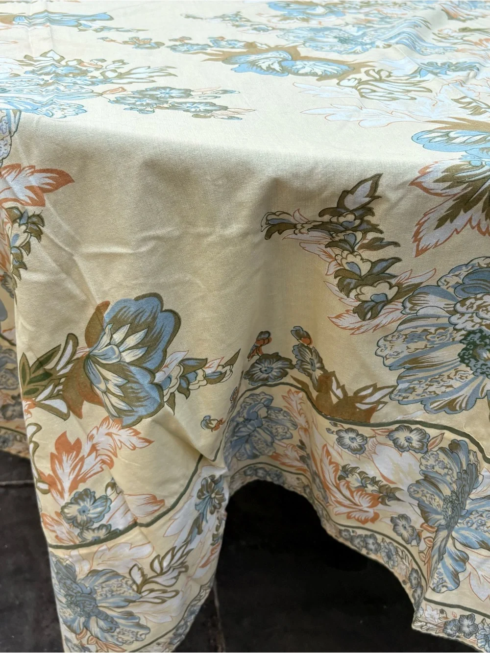 April Cornell Large Floral Tablecloth Butter Yellow Blue Sage Green 59 x 115
